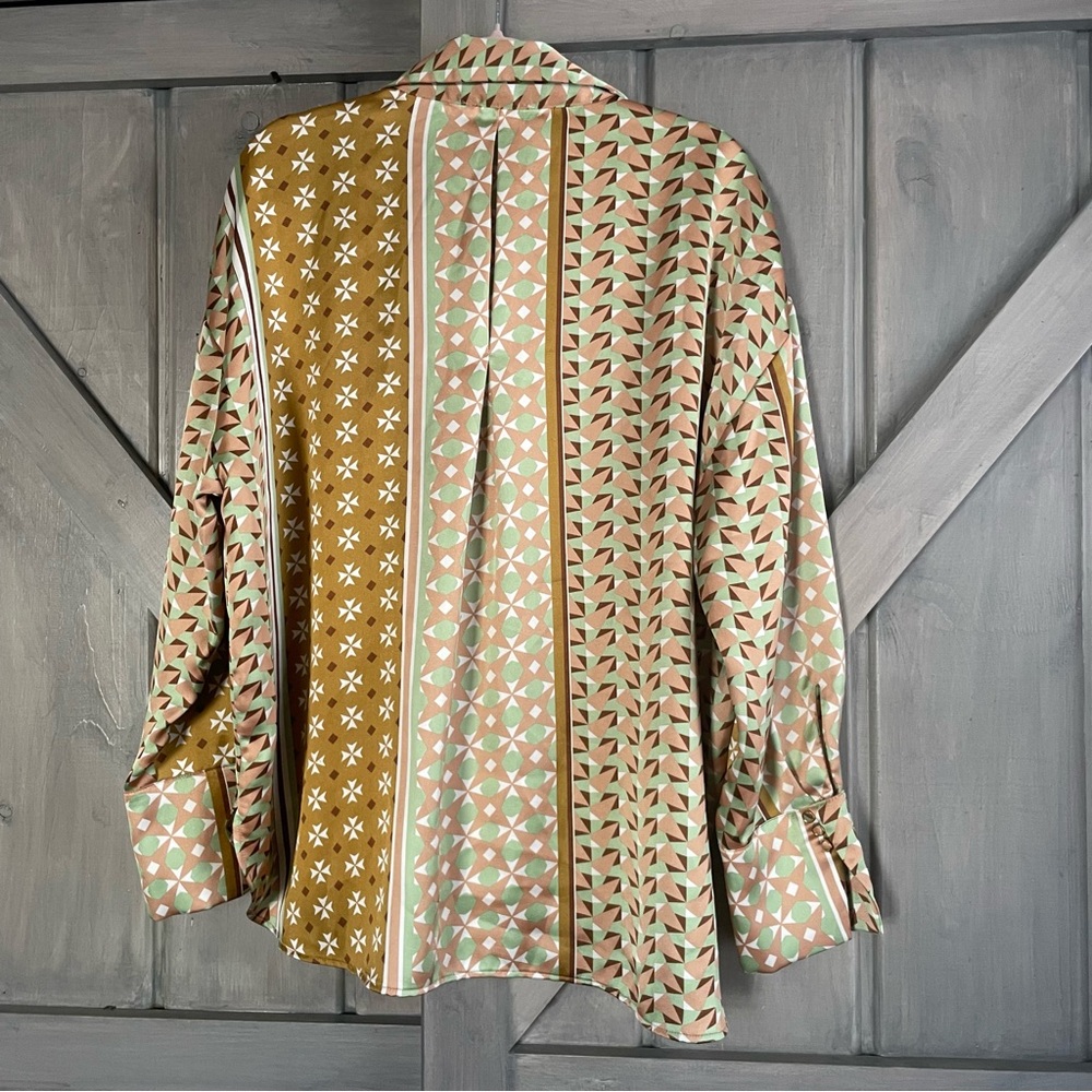 House of Harlow 1960 Art‎ Decor Silky Satin Button Up Size XL Brown green Pink - Picture 9 of 11